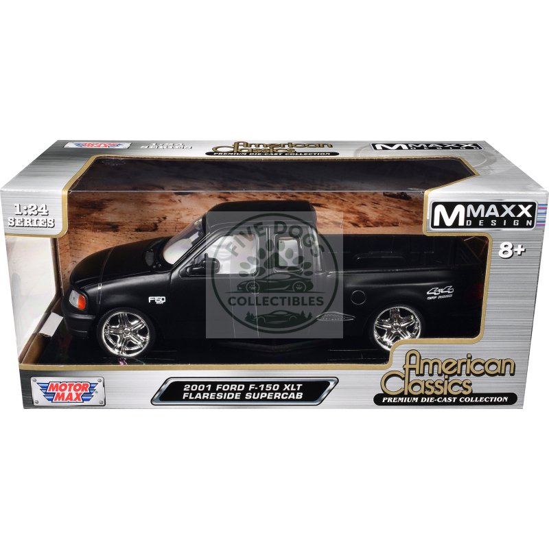 2001 ford f 150 xlt flareside supercab pickup truck matt black with white interior "maxx design" "american classics" series 1/24 diecast model car by motormax