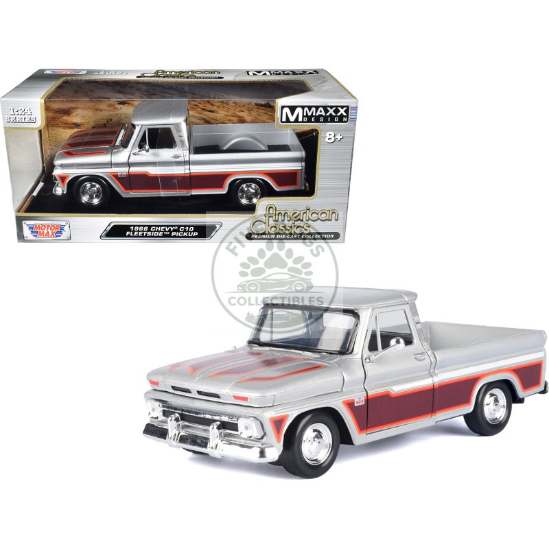 1966 chevrolet c10 fleetside pickup truck silver metallic with brown sides "american classics" series 1/24 diecast model car by motormax
