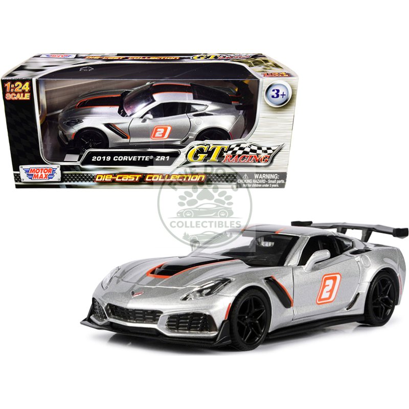 2019 chevrolet corvette zr1 #2 silver with black and orange stripes "gt racing" series 1/24 diecast model car by motormax