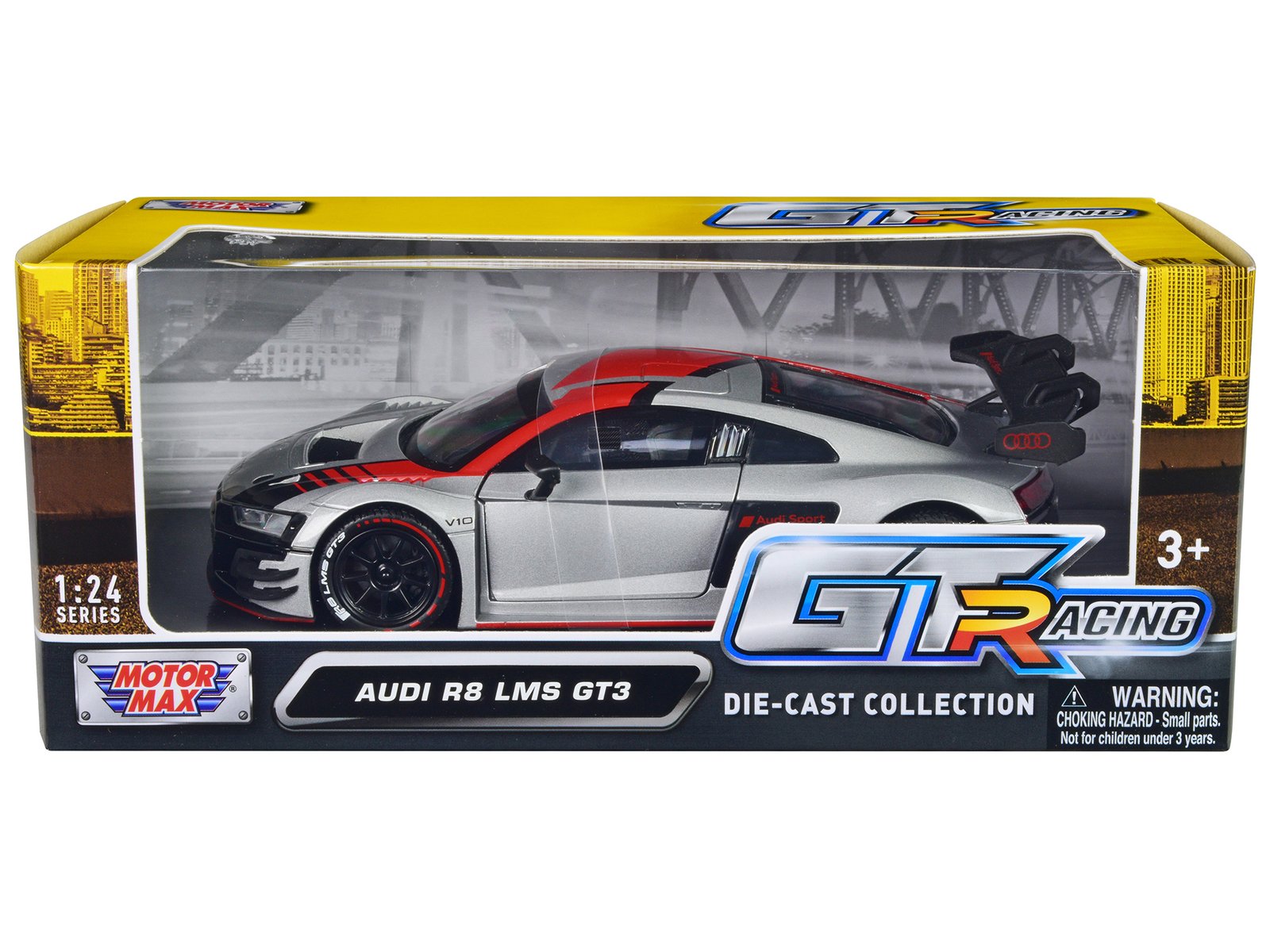 audi r8 lms gt3 silver metallic with graphics "gt racing" series 1/24 diecast model car by motormax audi r8 lms gt3 silver metallic with graphics "gt racing" series 1/24 diecast model car by motormax