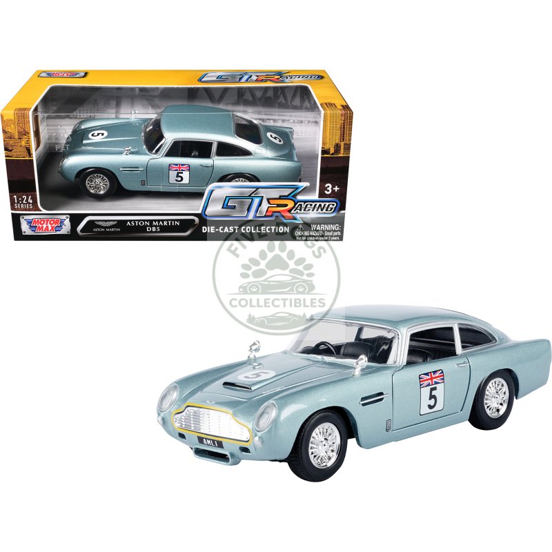 aston martin db5 rhd (right hand drive) #5 light blue metallic "gt racing" series 1/24 diecast model car by motormax