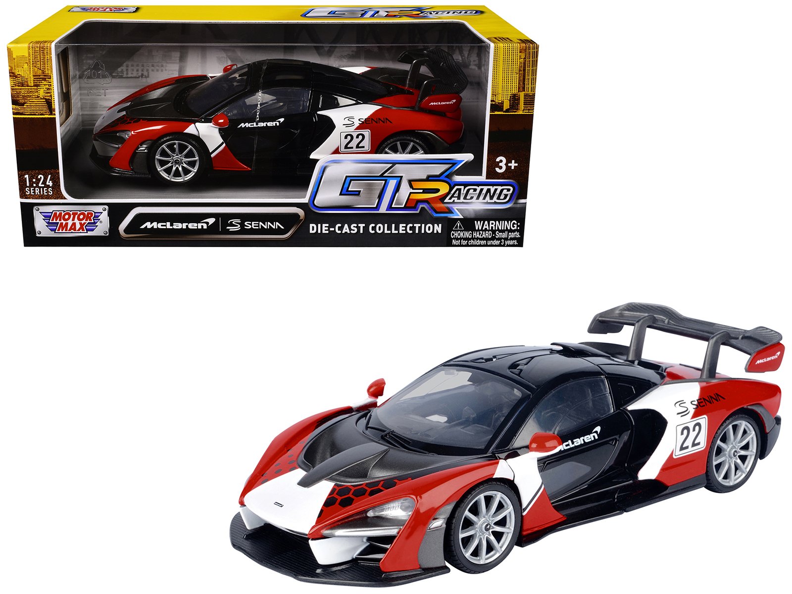 mclaren senna #22 black with red and white graphics "gt racing" series 1/24 diecast model car by motormax mclaren senna #22 black with red and white graphics "gt racing" series 1/24 diecast model car by motormax