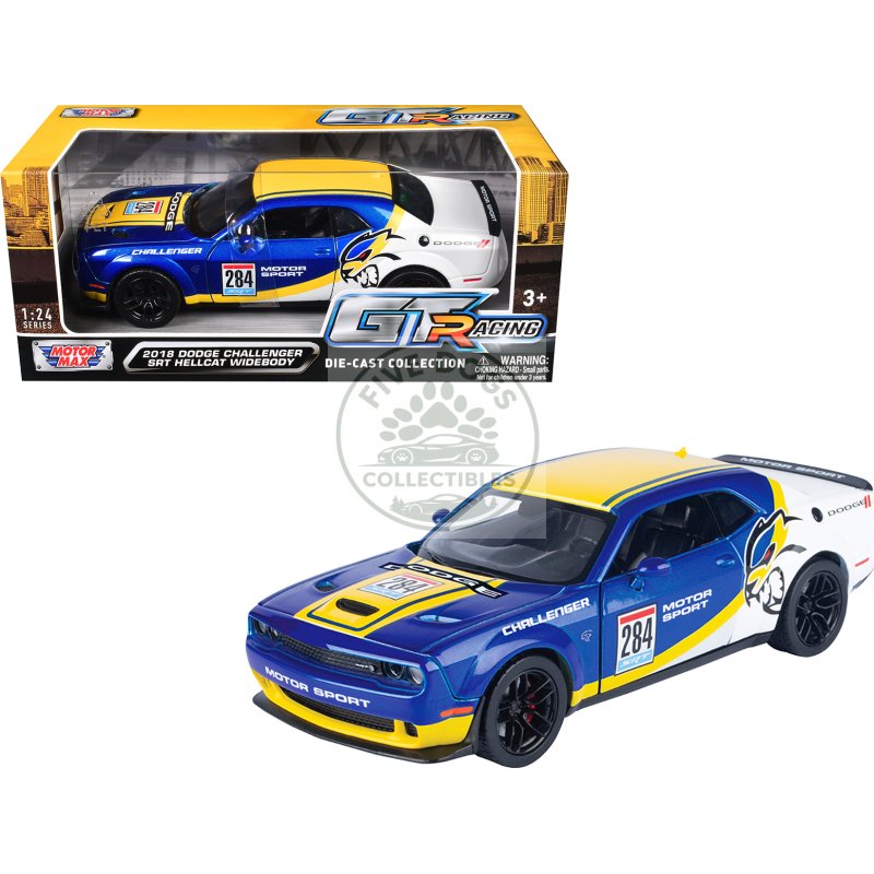 2018 dodge challenger srt hellcat widebody #284 blue metallic and white with yellow graphics "gt racing" series 1/24 diecast model car by motormax