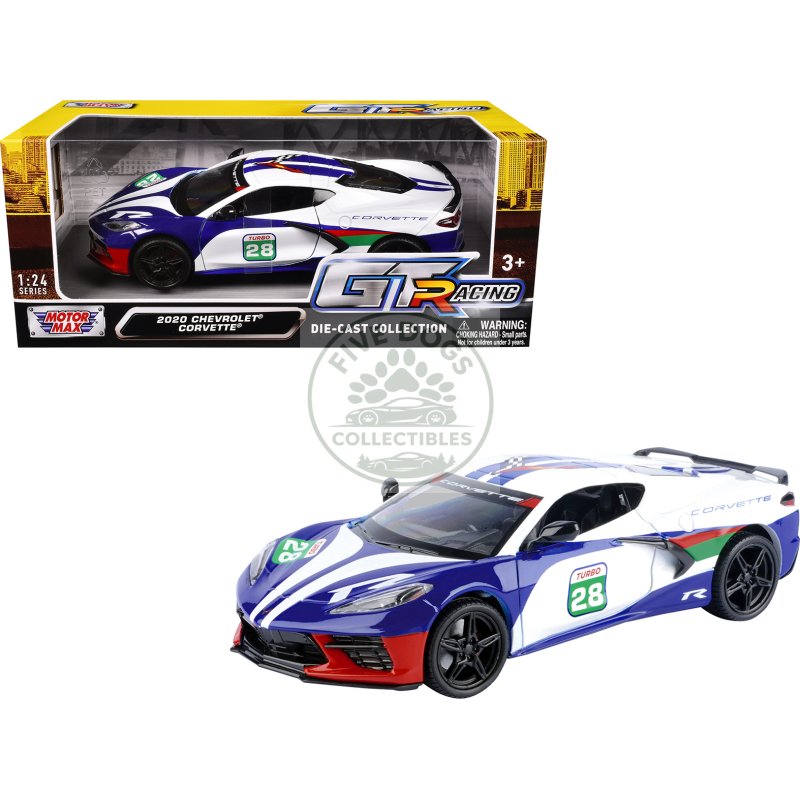 2020 chevrolet corvette #28 white with blue graphics "gt racing" series 1/24 diecast model car by motormax