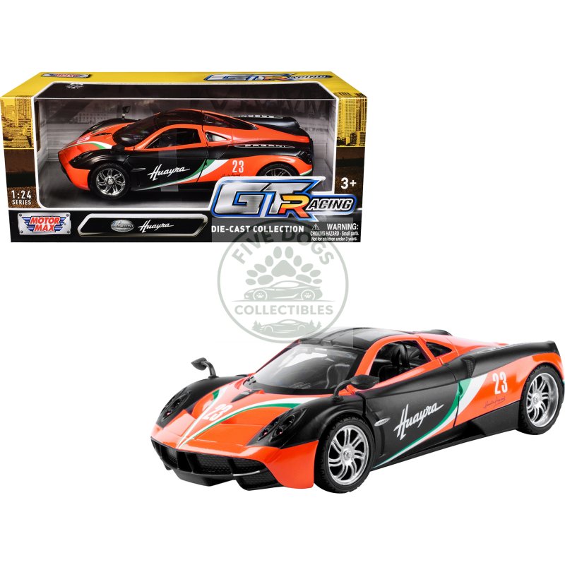 pagani huayra #23 orange and black with stripes "gt racing" series 1/24 diecast model car by motormax