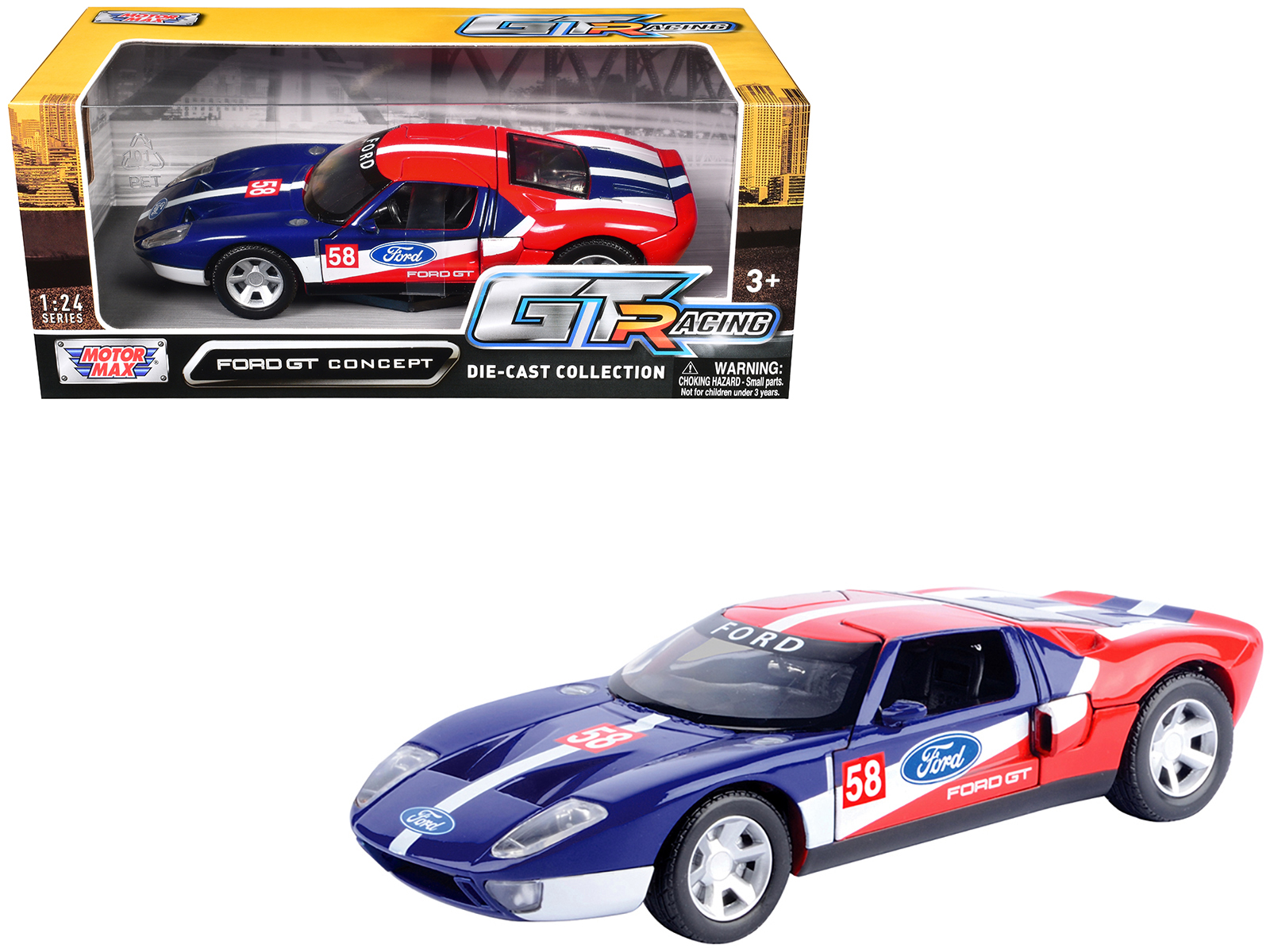 ford gt concept #58 blue and red with white stripes "gt racing" series 1/24 diecast model car by motormax ford gt concept #58 blue and red with white stripes "gt racing" series 1/24 diecast model car by motormax