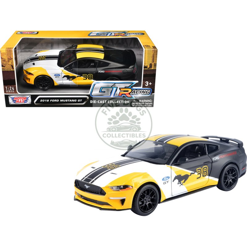 2018 ford mustang gt #38 white and matt black with yellow graphics "gt racing" series 1/24 diecast model car by motormax