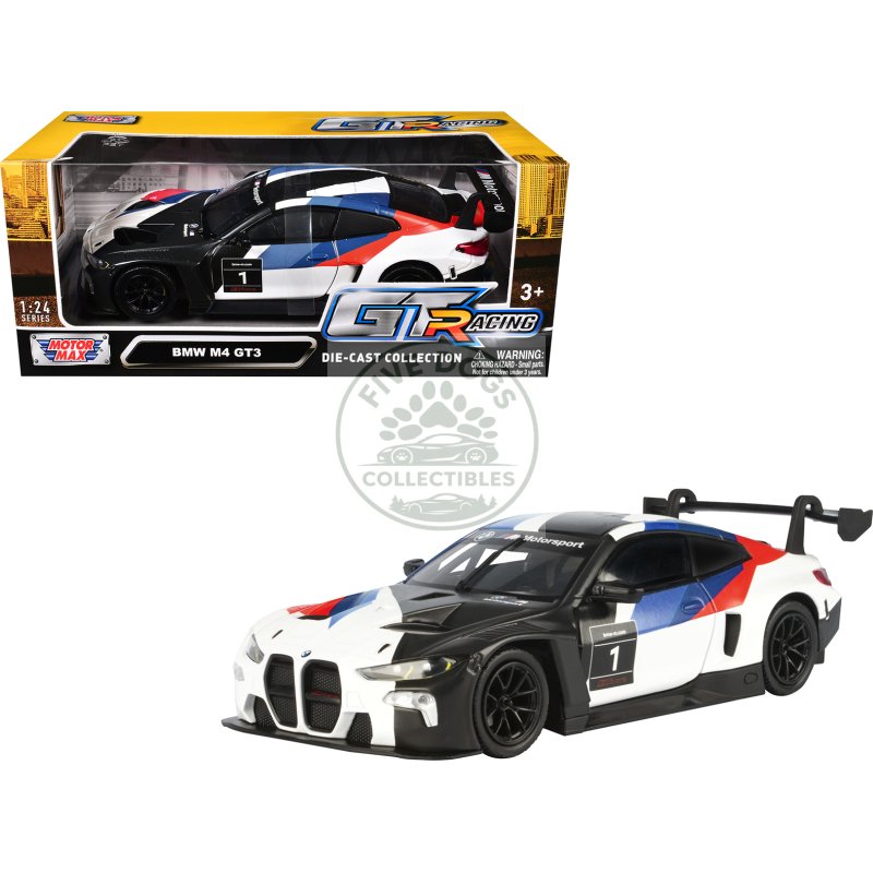 bmw m4 gt3 #1 white with black blue and red graphics "gt racing" series 1/24 diecast model car by motormax