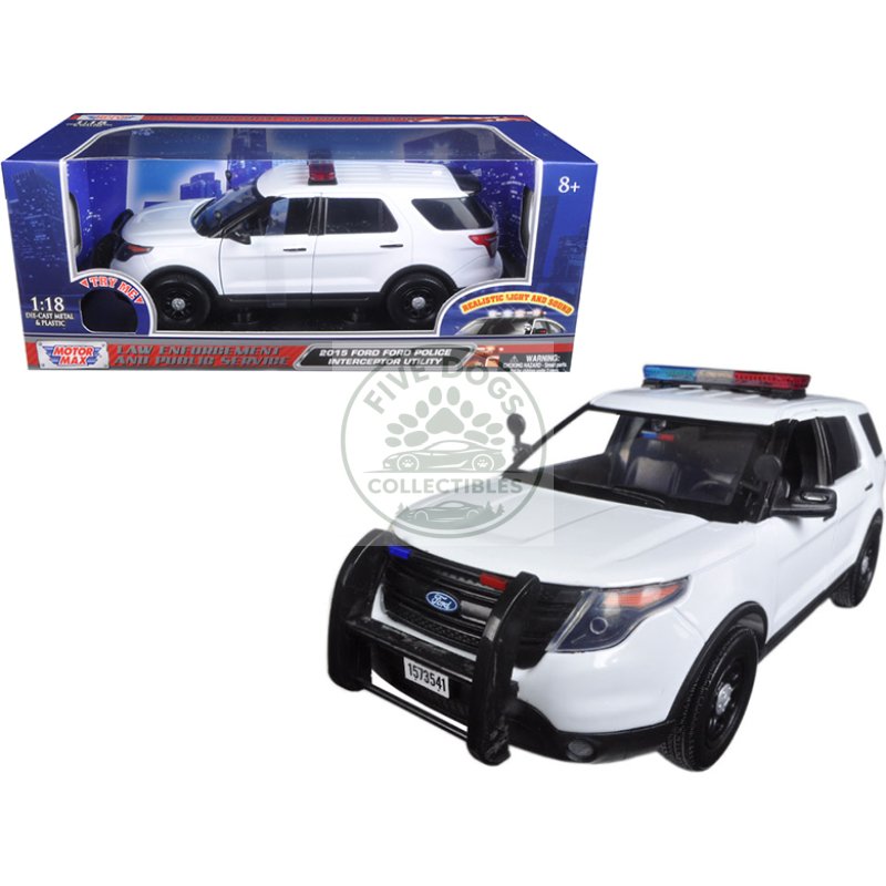 2015 ford police interceptor utility white with flashing light bar and front and rear lights and 2 sounds 1/18 diecast model car by motormax