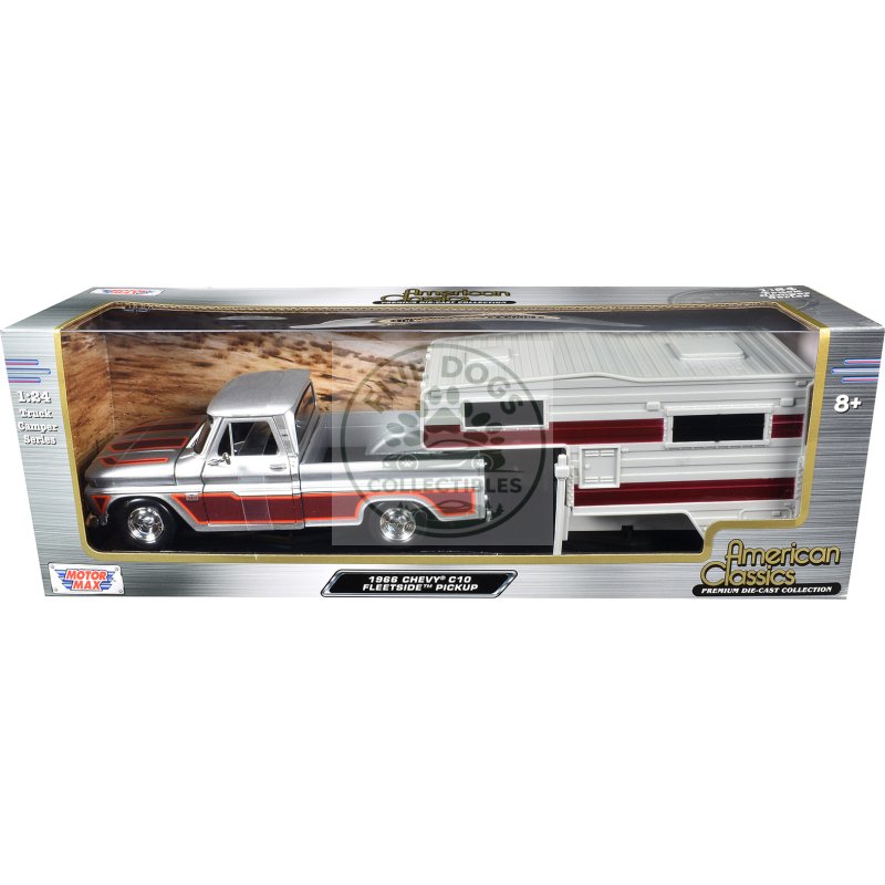 1966 chevrolet c10 fleetside pickup truck silver metallic with brown sides with camper shell "american classics" series 1/24 diecast model car by motormax