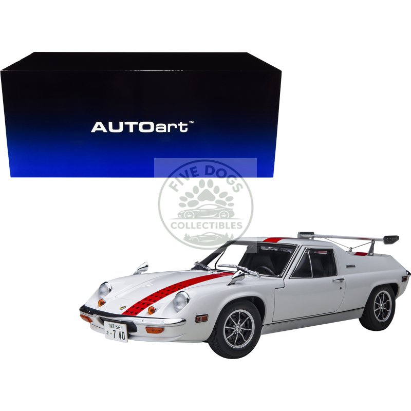 lotus europa special white with red stripe and graphics "the circuit wolf" 1/18 model car by autoart