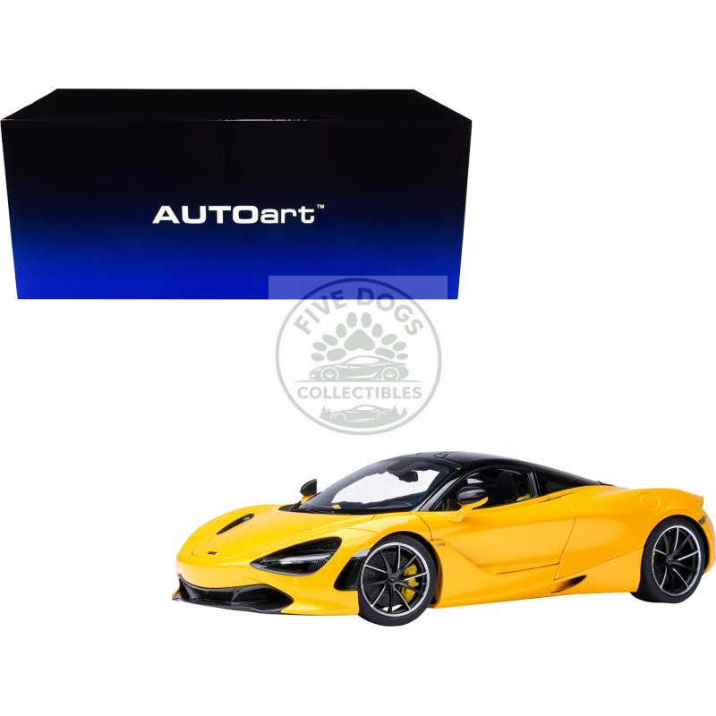 mclaren 720s volcano yellow with black top and carbon accents 1/18 model car by autoart