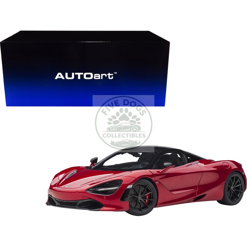 mclaren 720s memphis red metallic with black top and carbon accents 1/18 model car by autoart