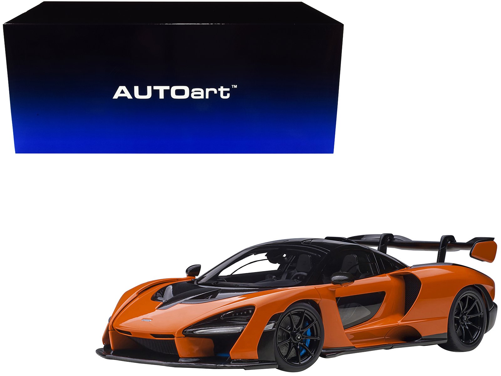 mclaren senna trophy mira orange and black with carbon accents 1/18 model car by autoart mclaren senna trophy mira orange and black with carbon accents 1/18 model car by autoart