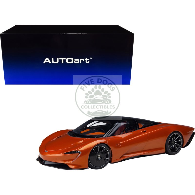 mclaren speedtail volcano orange metallic with black top and suitcase accessories 1/18 model car by autoart