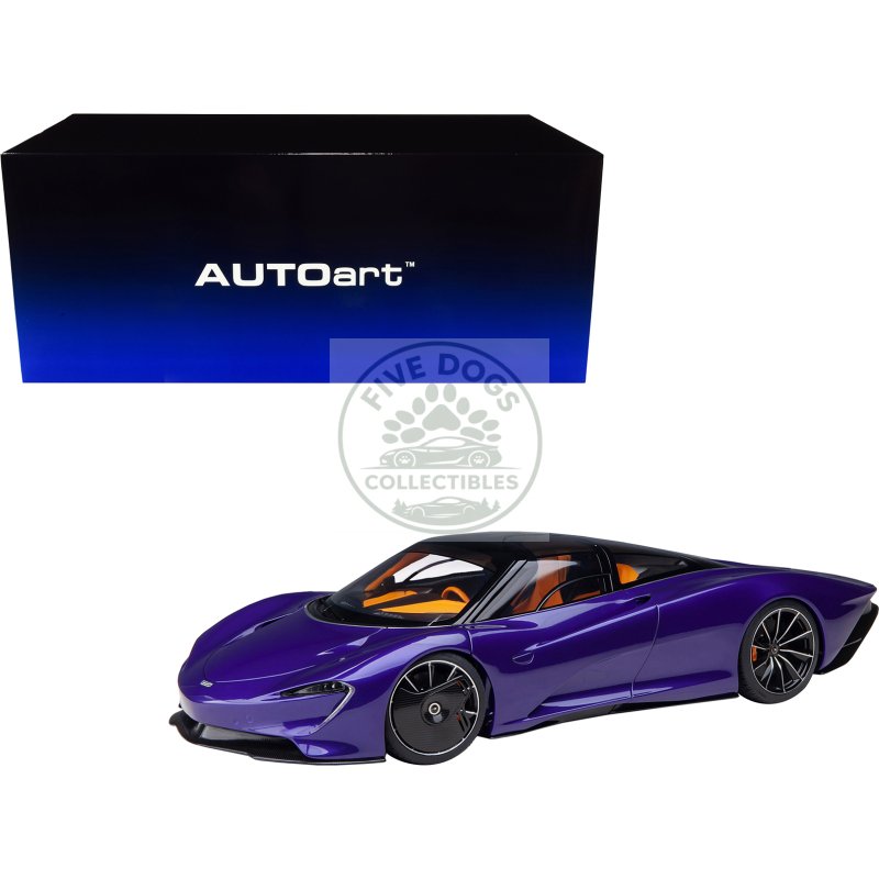 mclaren speedtail lantana purple metallic with black top and yellow interior and suitcase accessories 1/18 model car by autoart