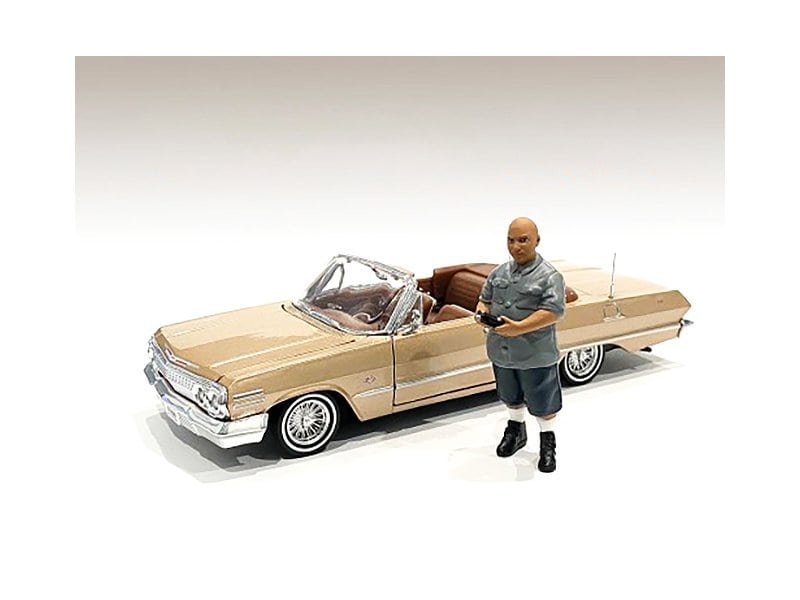 Vintage Car Collectible with Figurine Vintage car collectible with detailed figurine of a man standing beside it.