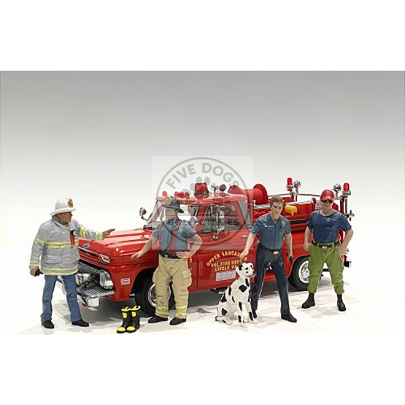 "firefighters" 6 piece figure set (4 males 1 dog 1 accessory) for 1/18 scale models by american diorama