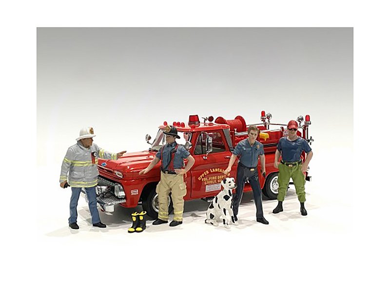 "firefighters" 6 piece figure set (4 males 1 dog 1 accessory) for 1/18 scale models by american diorama "firefighters" 6 piece figure set (4 males 1 dog 1 accessory) for 1/18 scale models by american diorama