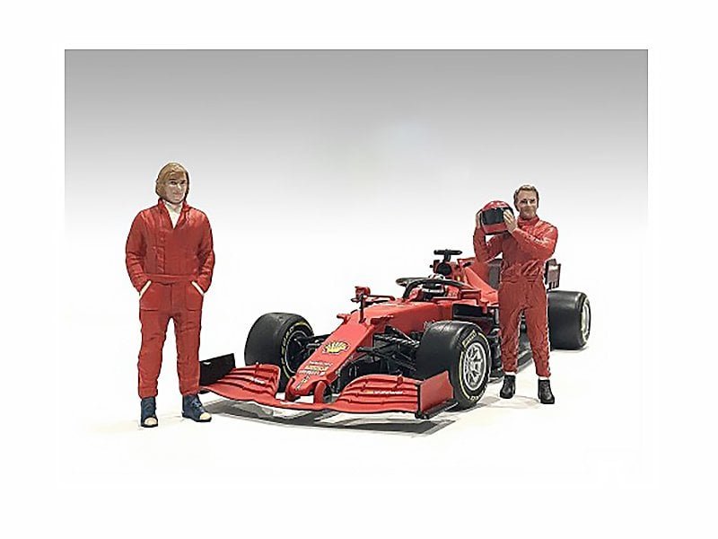 Ferrari Formula 1 Car with Two Drivers in Red Racing Suits Ferrari F1 race car with two drivers in red suits, isolated on white background.