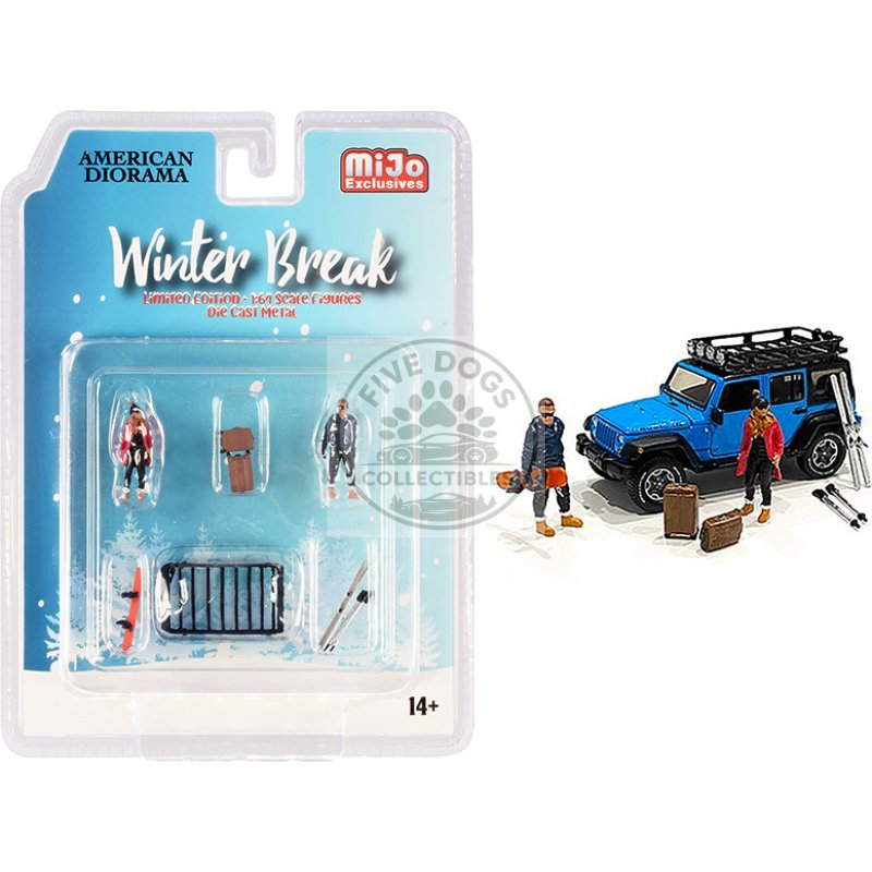"winter break" diecast set of 6 pieces (2 figurines and 4 accessories) for 1/64 scale models by american diorama