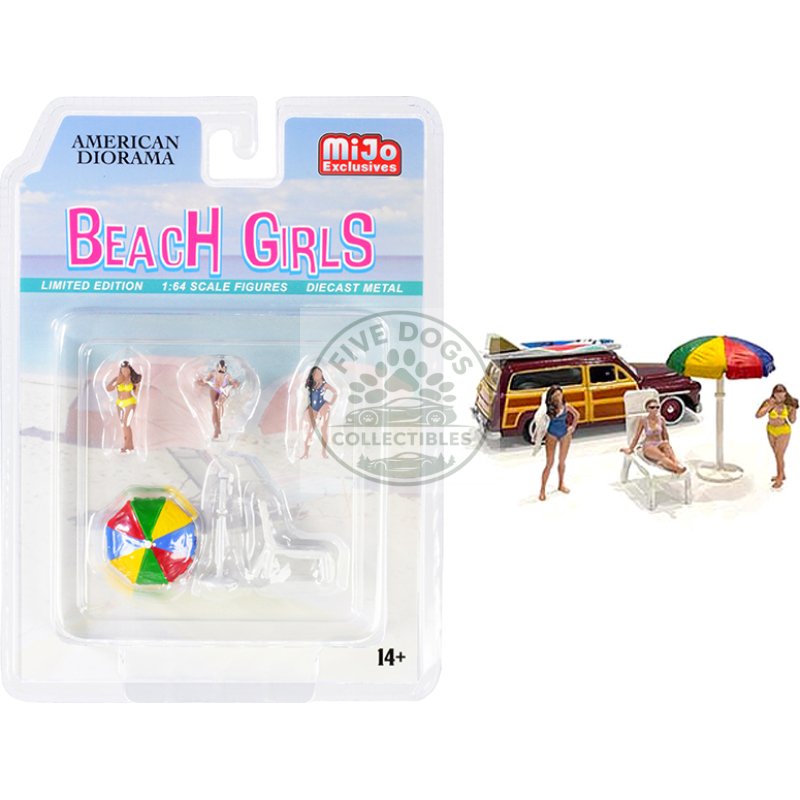 "beach girls" 5 piece diecast set (3 figurines 1 beach chaise and 1 beach umbrella) for 1/64 scale models by american diorama