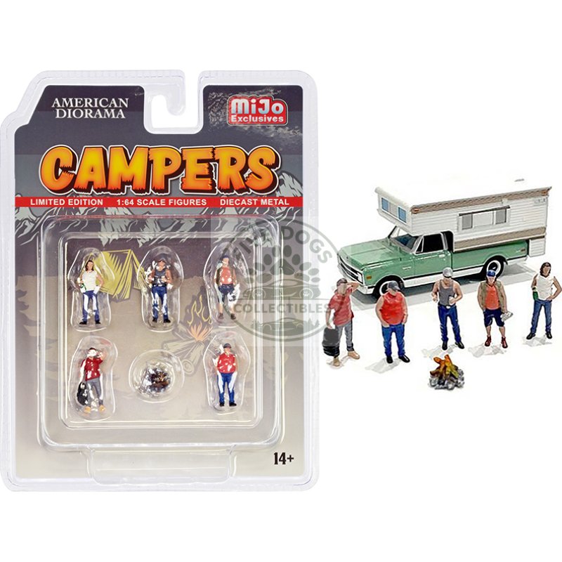 "campers" 6 piece diecast set (5 figurines and 1 accessory) for 1/64 scale models by american diorama
