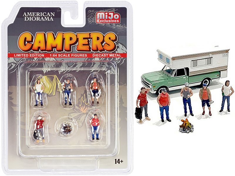 "campers" 6 piece diecast set (5 figurines and 1 accessory) for 1/64 scale models by american diorama "campers" 6 piece diecast set (5 figurines and 1 accessory) for 1/64 scale models by american diorama