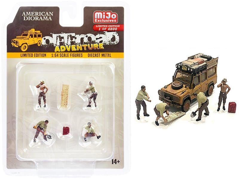 Off-Road Adventure Diecast Metal Miniatures Set Miniature off-road vehicle and explorers for diorama collectors.