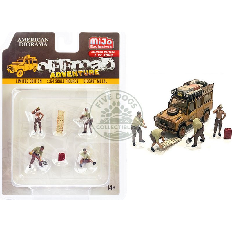 "off road adventure" 6 piece diecast set (4 male figurines and 2 accessories) limited edition to 4800 pieces worldwide for 1/64 scale models by american diorama