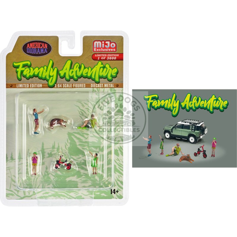 "family adventure" 6 piece diecast figure set (4 figures 1 dog 1 tricycle) limited edition to 3600 pieces worldwide 1/64 scale models by american diorama