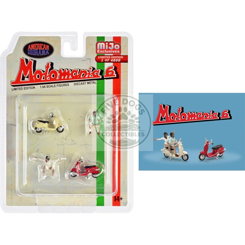 "motomania 6" 4 piece diecast figure set (2 figures 2 scooters) limited edition to 4800 pieces worldwide 1/64 scale models by american diorama