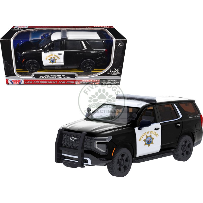 2025 chevrolet tahoe police pursuit vehicle "california highway patrol" black and white "law enforcement and public service" series 1/24 diecast model car by motormax