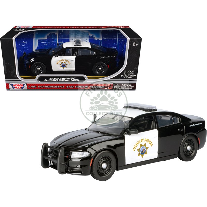 2023 dodge charger pursuit police car "california highway patrol" black and white "law enforcement and public service" series 1/24 diecast model car by motormax