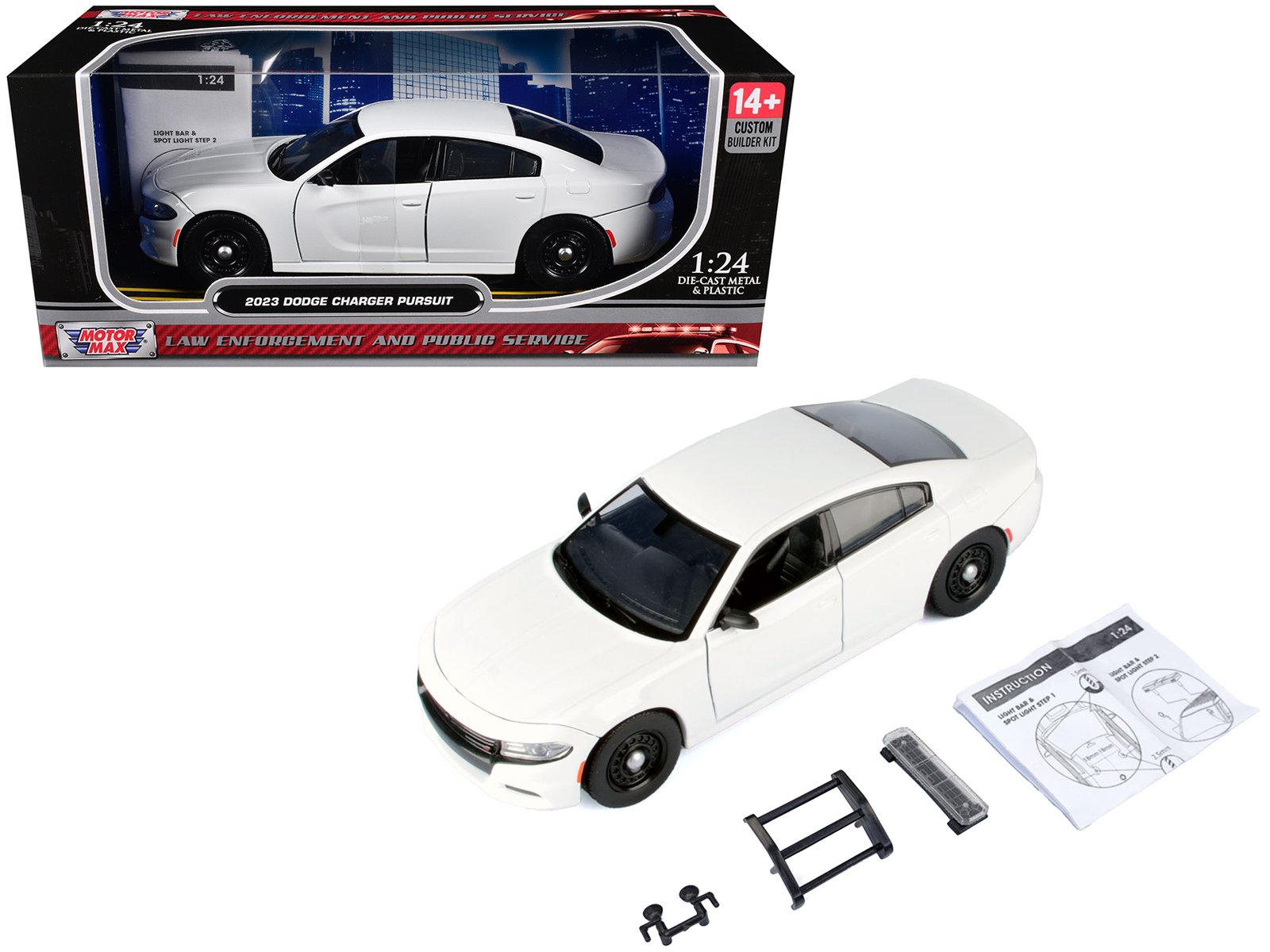2023 dodge charger pursuit police car white "custom builder's kit law enforcement and public service" series 1/24 diecast model car by motormax 2023 dodge charger pursuit police car white "custom builder's kit law enforcement and public service" series 1/24 diecast model car by motormax