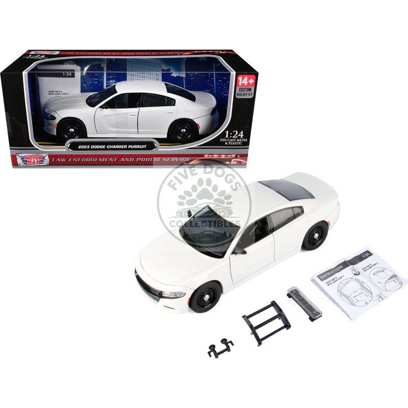 2023 dodge charger pursuit police car white "custom builder's kit law enforcement and public service" series 1/24 diecast model car by motormax