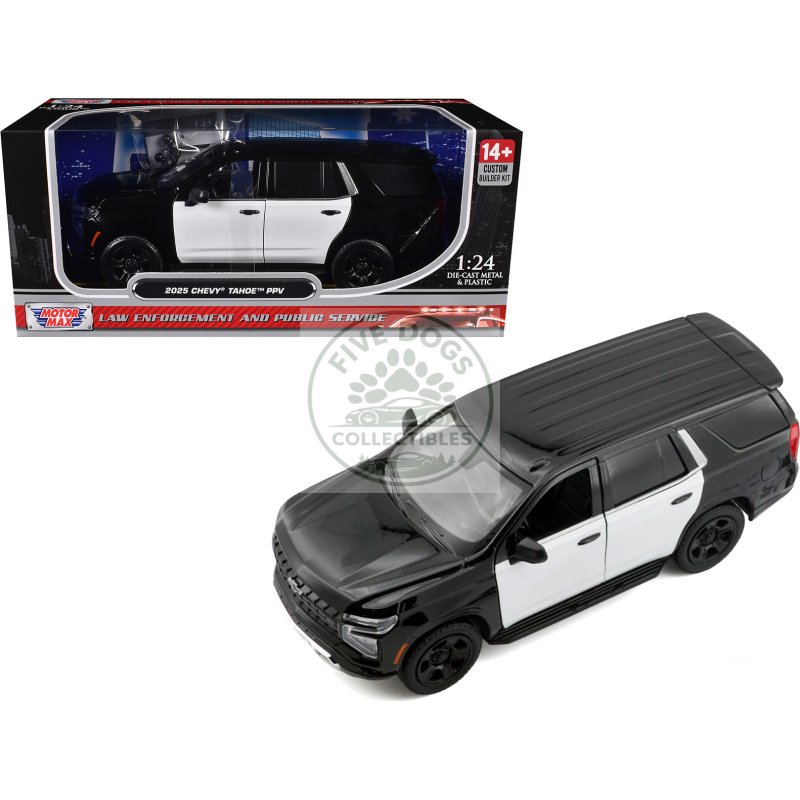 2025 chevrolet tahoe ppv black and white "custom builder's kit law enforcement and public service" series 1/24 diecast model car by motormax