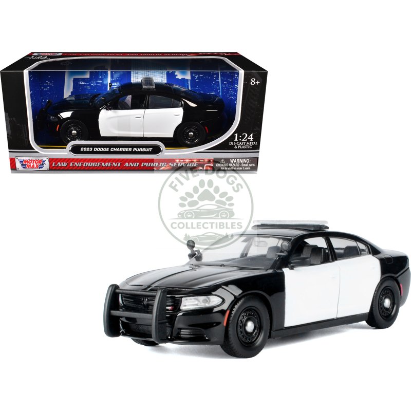 2023 dodge charger pursuit police car black and white "law enforcement and public service" series 1/24 diecast model car by motormax