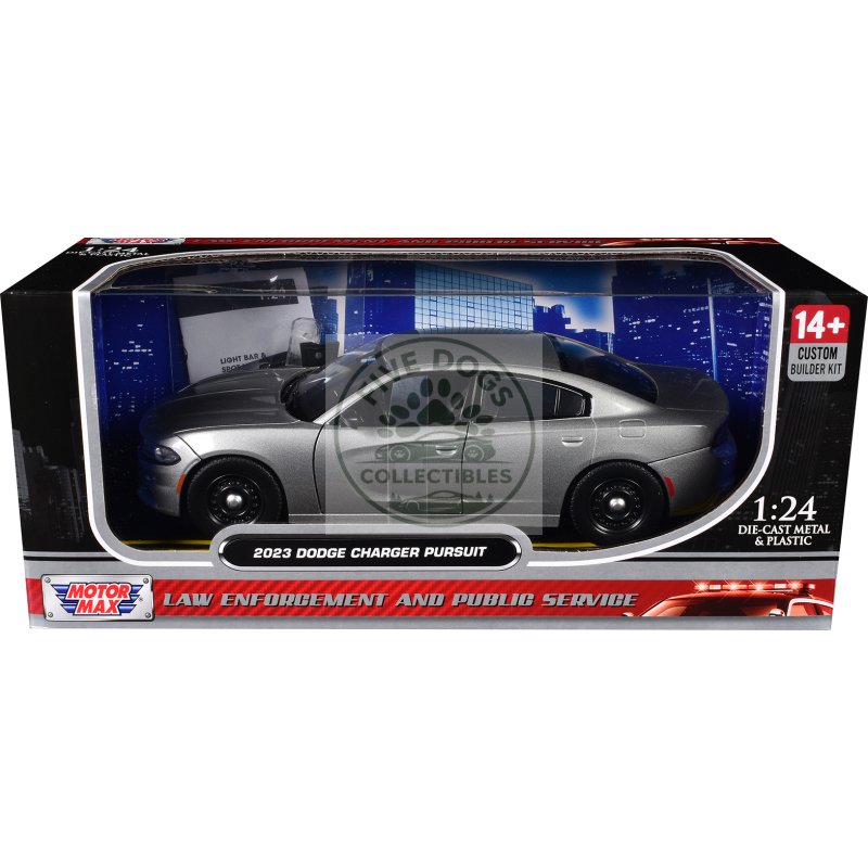 2023 dodge charger pursuit police car silver metallic "custom builder's kit law enforcement and public service" series 1/24 diecast model car by motormax