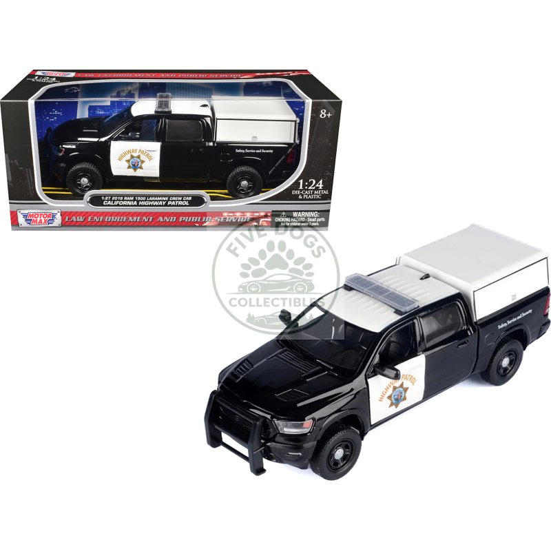 2019 ram 1500 laramine crew cab pickup truck "california highway patrol" black and white with truck bed camper "law enforcement and public service" series 1/27 diecast model car by motormax