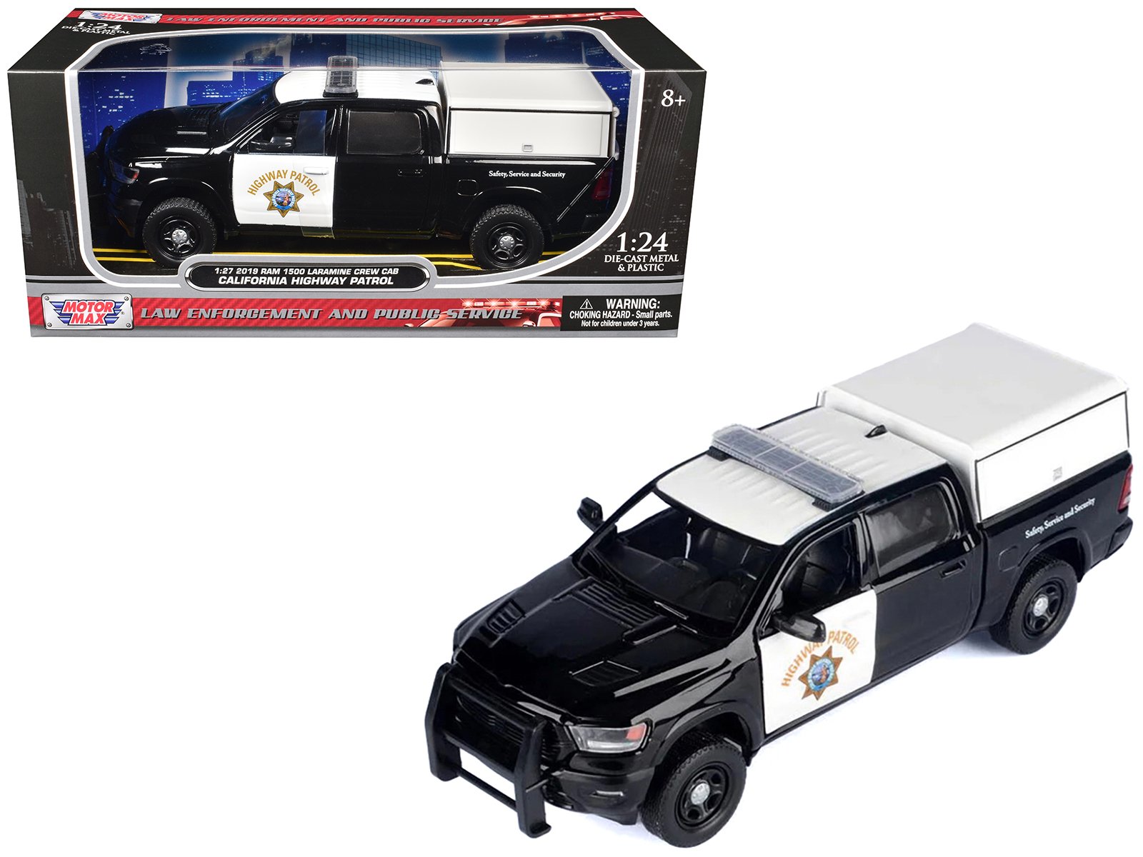 2019 ram 1500 laramine crew cab pickup truck "california highway patrol" black and white with truck bed camper "law enforcement and public service" series 1/27 diecast model car by motormax 2019 ram 1500 laramine crew cab pickup truck "california highway patrol" black and white with truck bed camper "law enforcement and public service" series 1/27 diecast model car by motormax