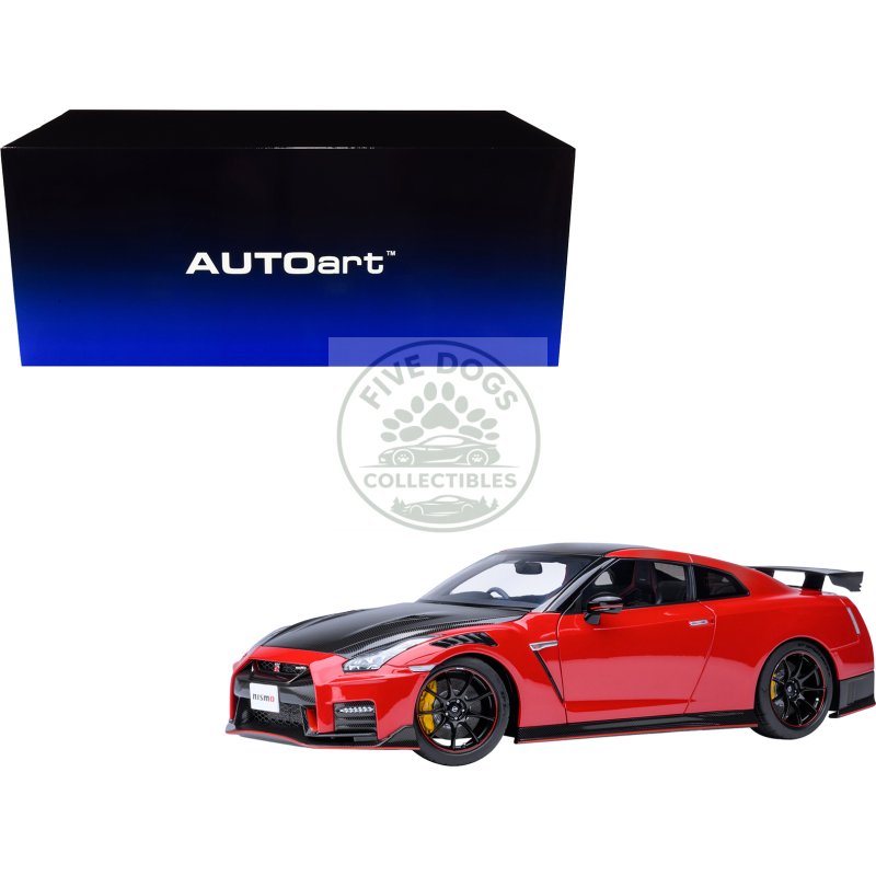 2022 nissan gt r (r35) nismo special edition rhd (right hand drive) vibrant red with carbon hood and top 1/18 model car by autoart