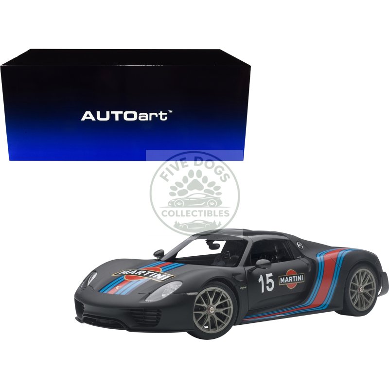 porsche 918 spyder weissach package black/ martini livery #15 1/18 model car by autoart