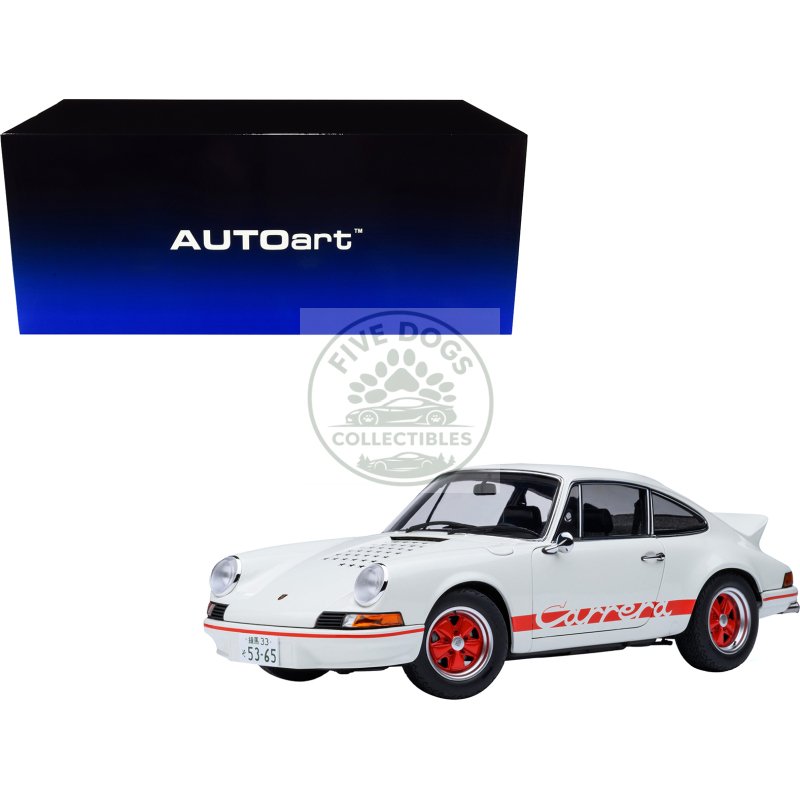 porsche 911 carrera 2.7 rs "the circuit wolf" white with red stripes and wheels with hood graphics 1/18 model car by autoart