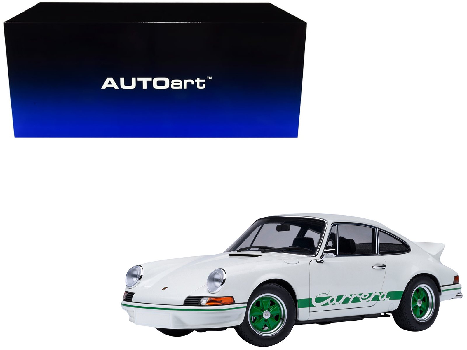 porsche 911 carrera 2.7 rs grand prix white with green stripes and wheels 1/18 model car by autoart porsche 911 carrera 2.7 rs grand prix white with green stripes and wheels 1/18 model car by autoart