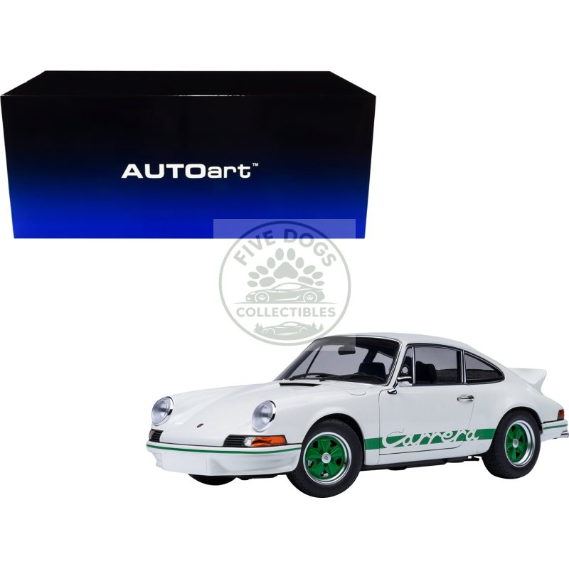 porsche 911 carrera 2.7 rs grand prix white with green stripes and wheels 1/18 model car by autoart