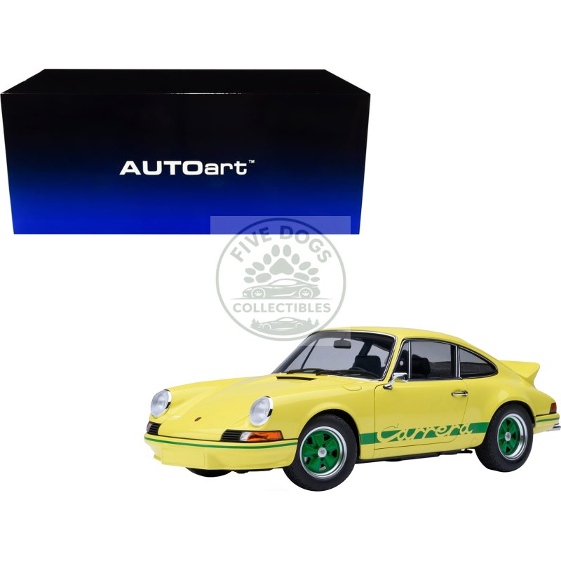 porsche 911 carrera 2.7 rs light yellow with green stripes and wheels 1/18 model car by autoart
