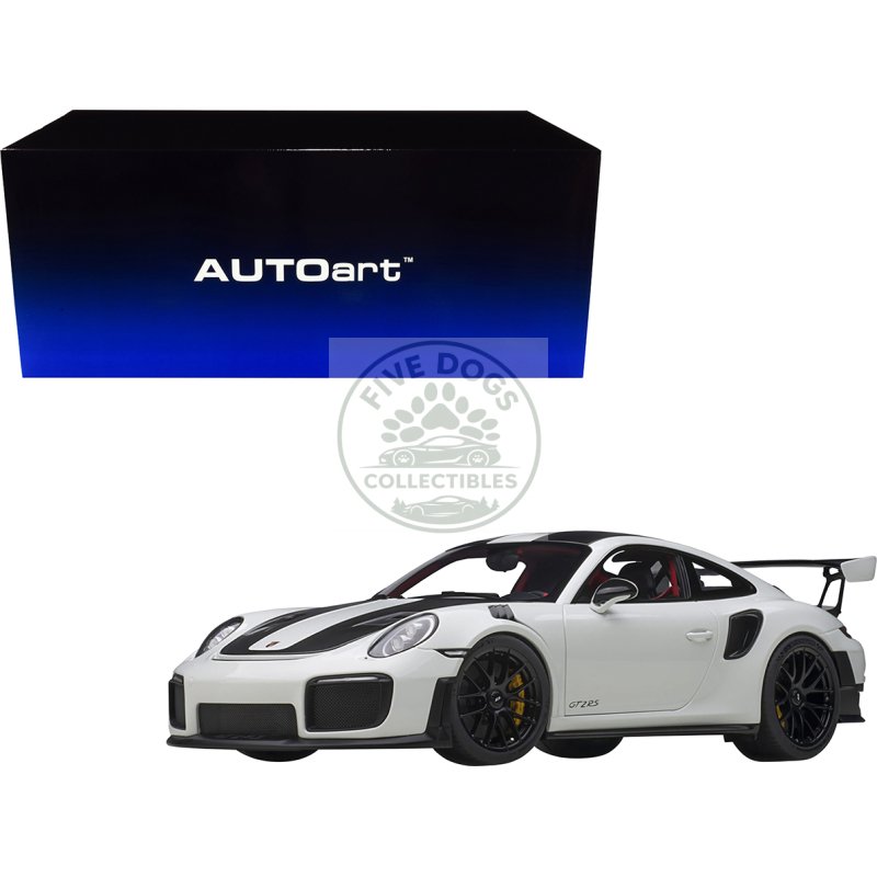 porsche 911 (991.2) gt2 rs weissach package white with carbon stripes 1/18 model car by autoart