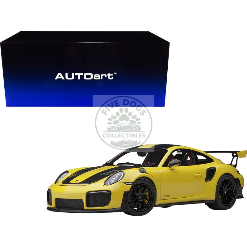 porsche 911 (991.2) gt2 rs weissach package racing yellow with carbon stripes 1/18 model car by autoart