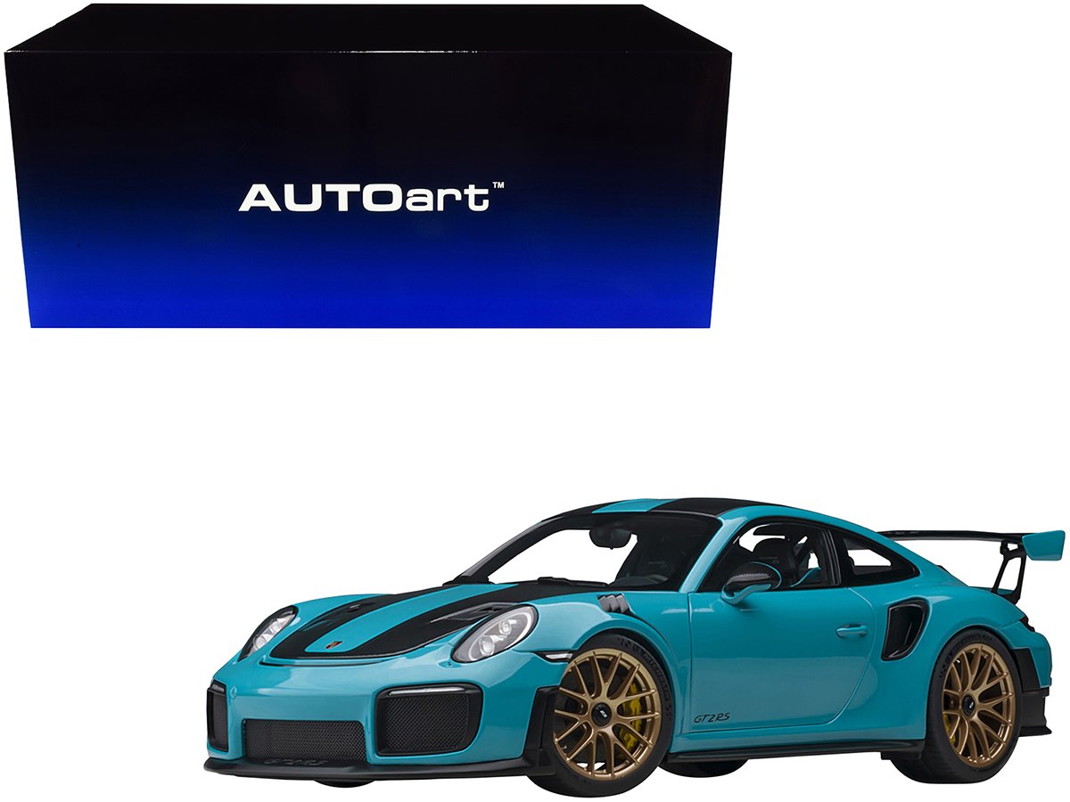 porsche 911 (991.2) gt2 rs weissach package miami blue with carbon stripes 1/18 model car by autoart porsche 911 (991.2) gt2 rs weissach package miami blue with carbon stripes 1/18 model car by autoart